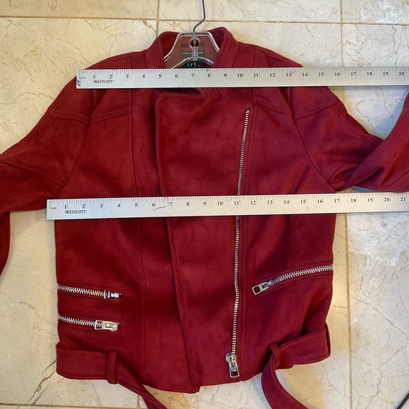Zara Trafaluc red faux suede biker jacket, multiple zippers, belted waist. Sz S - Picture 12 of 13